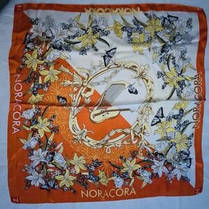 NoraCora Square Silk Scarf Orange Yellow Flowers Music Floral 21.5"